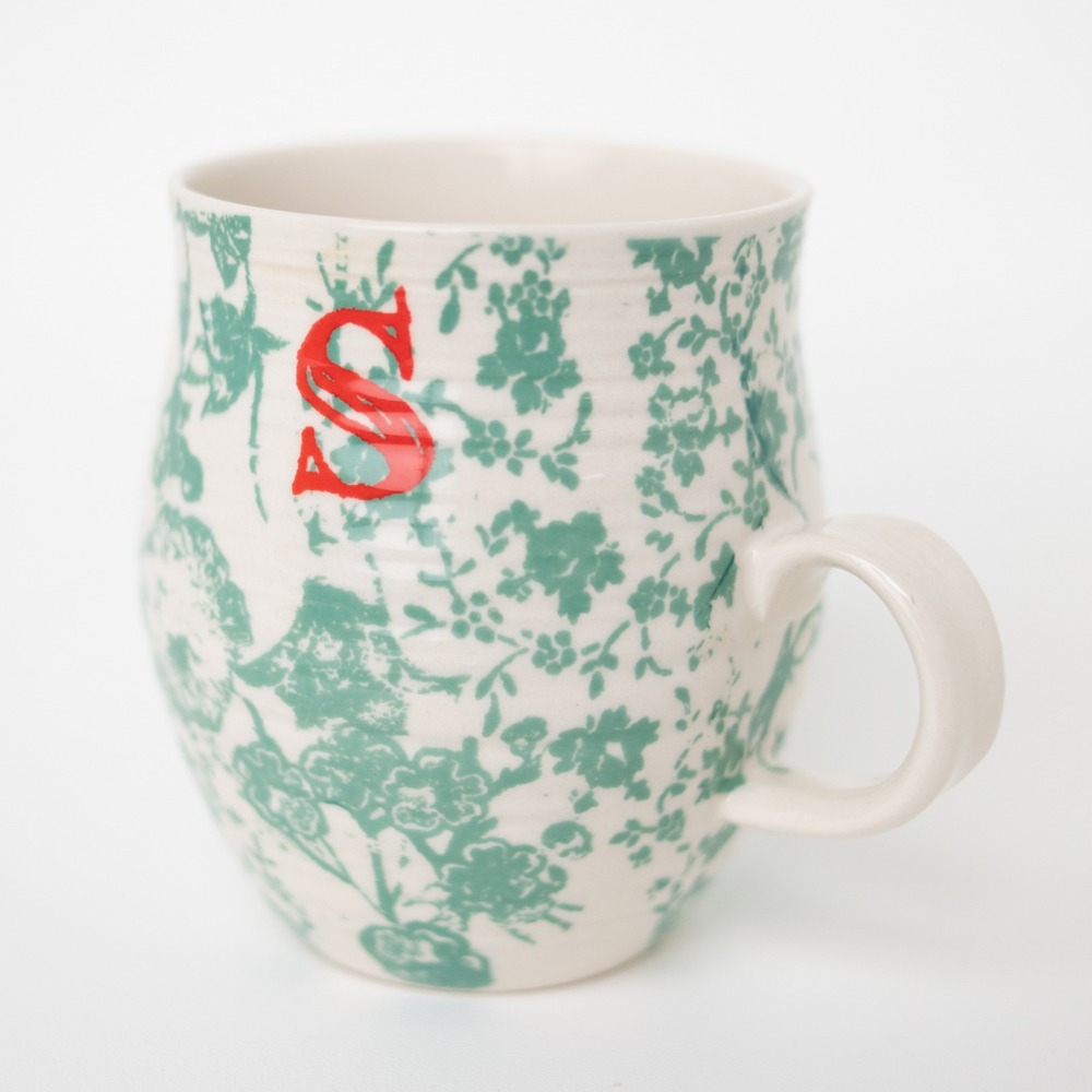 Anthropologie Homegrown Monogram Initial Mug "S" Blue Floral Boho Coffee Tea Cup